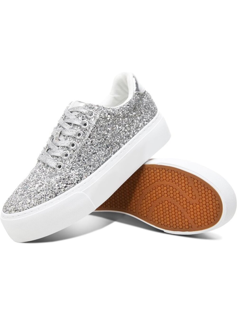 Women's Silver Glitter Shiny Sequin Sparkly Bling Thick Sole Walking Sneakers